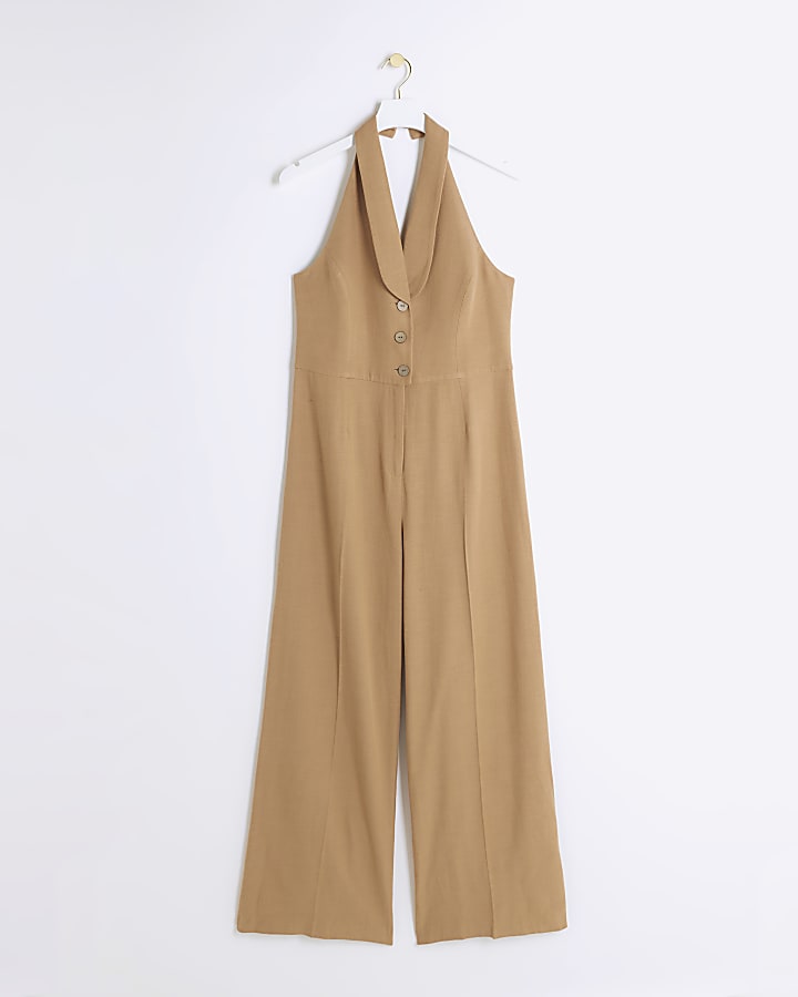 Beige Halter Neck Waistcoat Jumpsuit