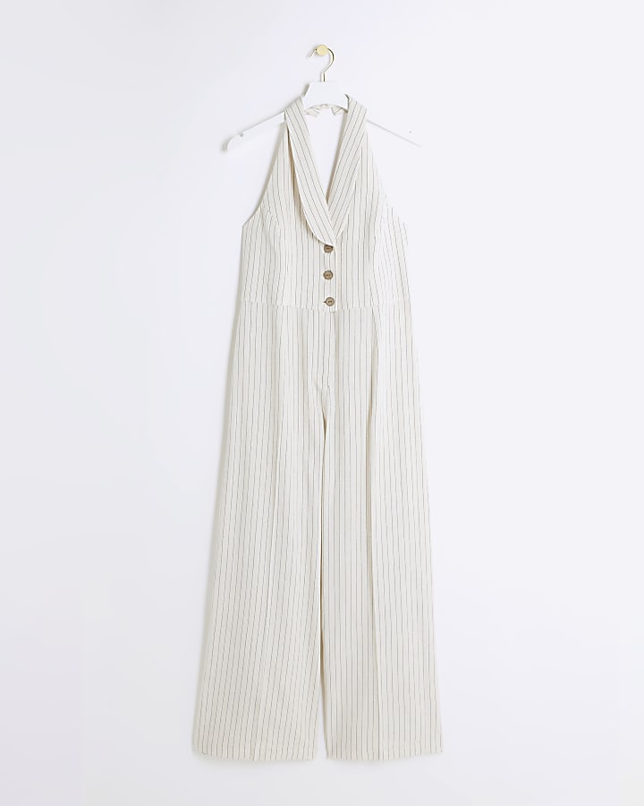 Cream Stripe Halter Neck Waistcoat Jumpsuit