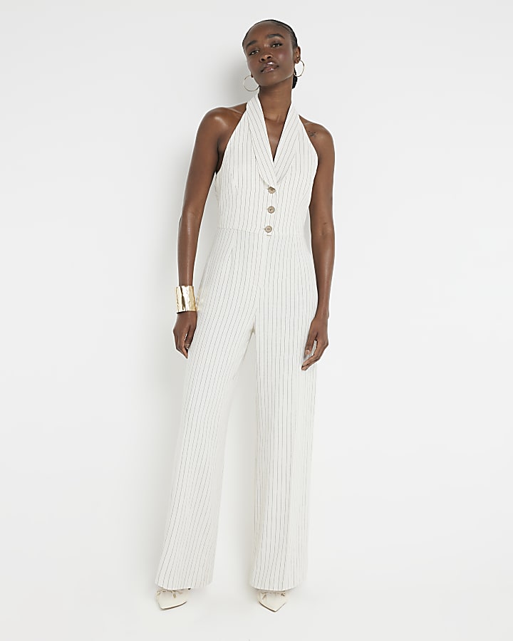 Striped halter jumpsuit on sale