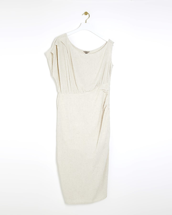 Cream linen blend ruched bodycon midi dress