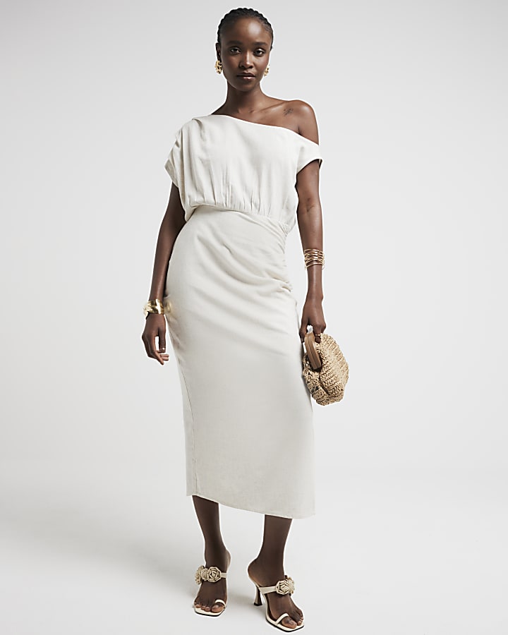 Cream linen blend ruched bodycon midi dress River Island