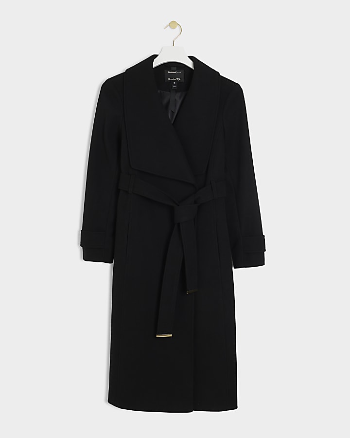 Petite black belted wrap coat