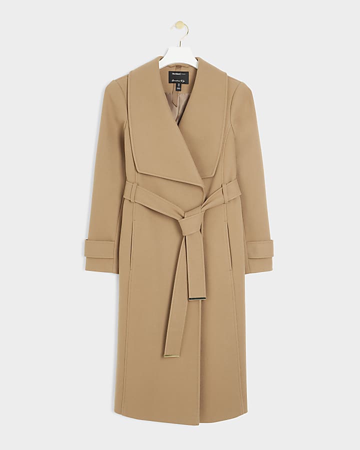 Petite beige belted wrap coat