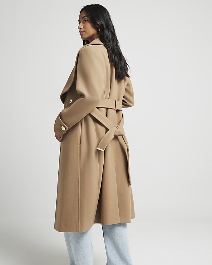 Petite beige belted wrap coat