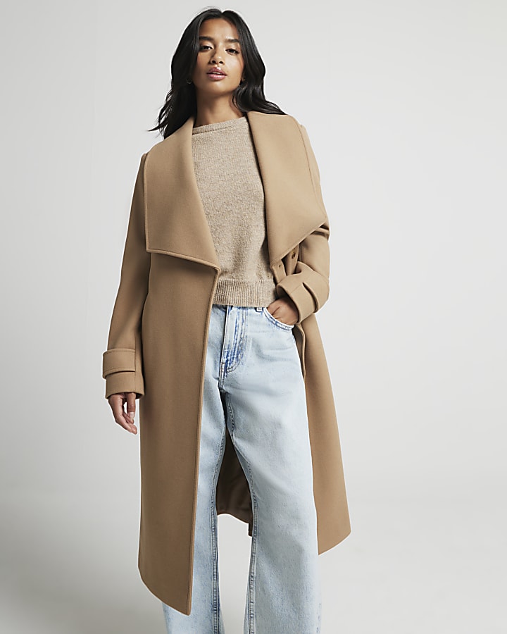 Petite beige belted wrap coat River Island