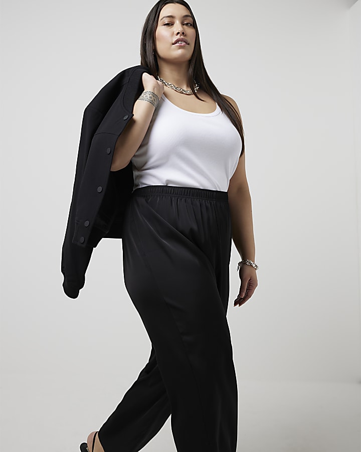 Plus black satin wide leg trousers