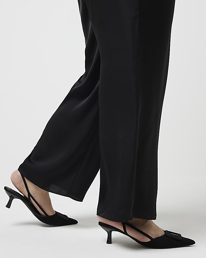 Plus black satin wide leg trousers