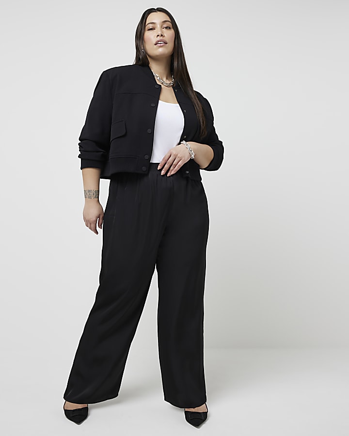 Plus black satin wide leg trousers River Island