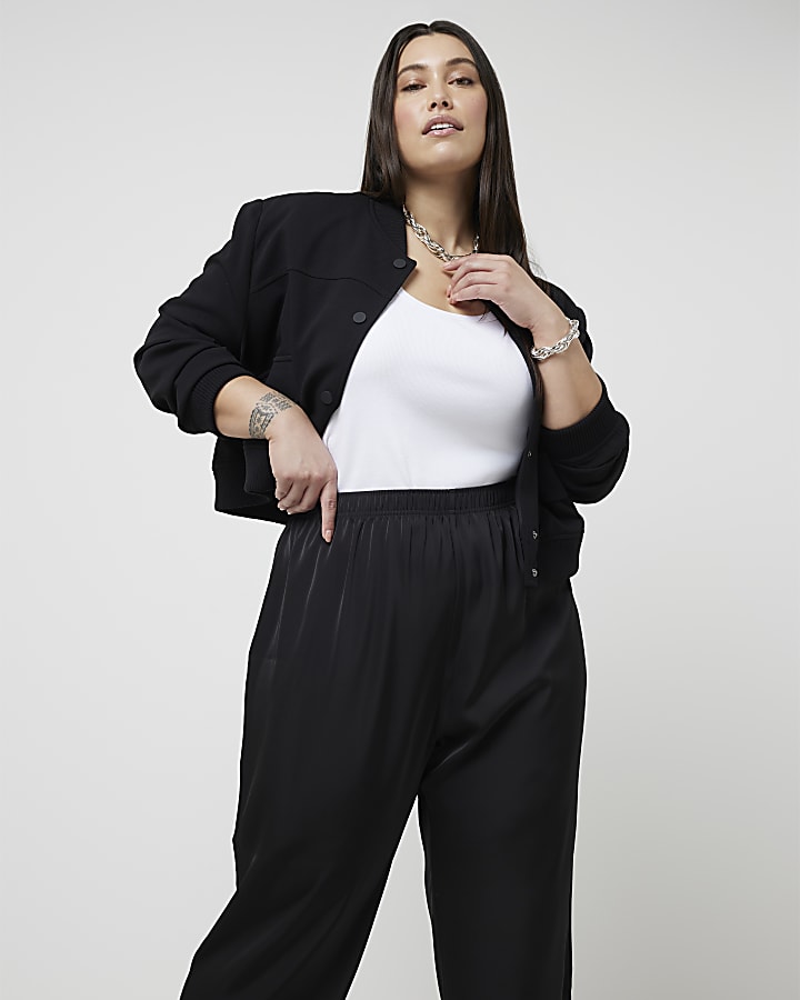 Plus black satin wide leg trousers