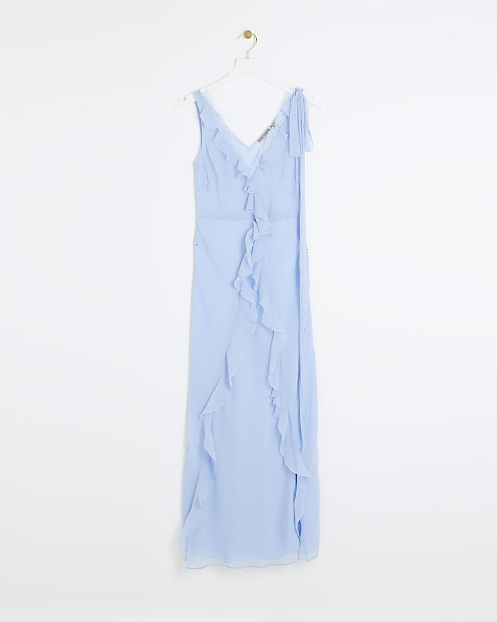 Blue chiffon frill slip maxi dress