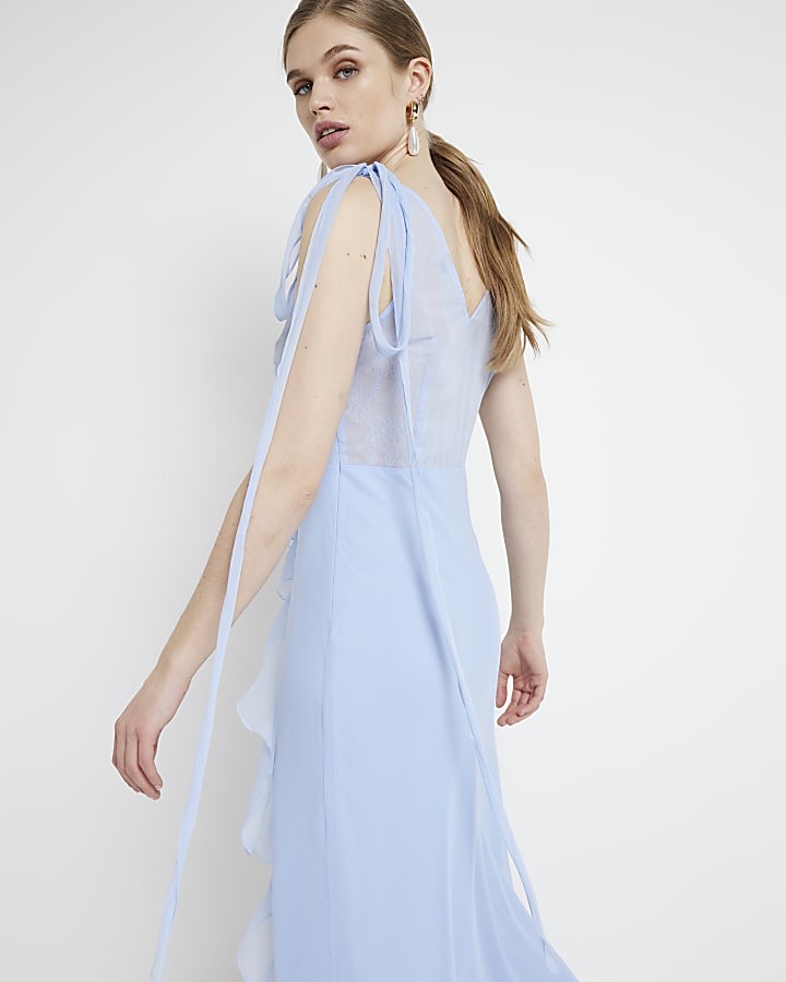 Blue chiffon frill slip maxi dress