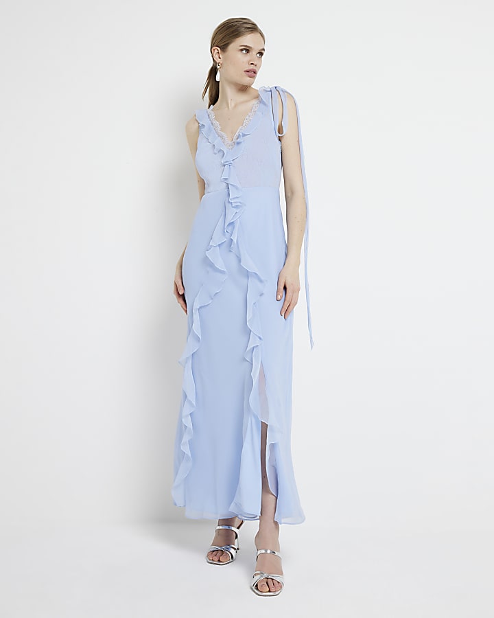 Blue chiffon frill slip maxi dress