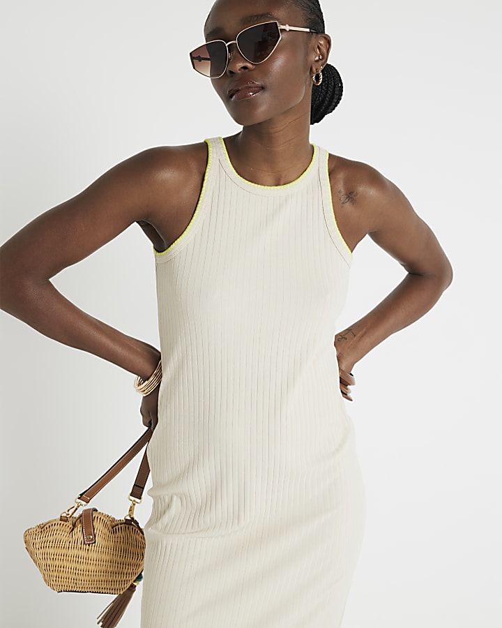 Stone ribbed whipstitch bodycon midi dress