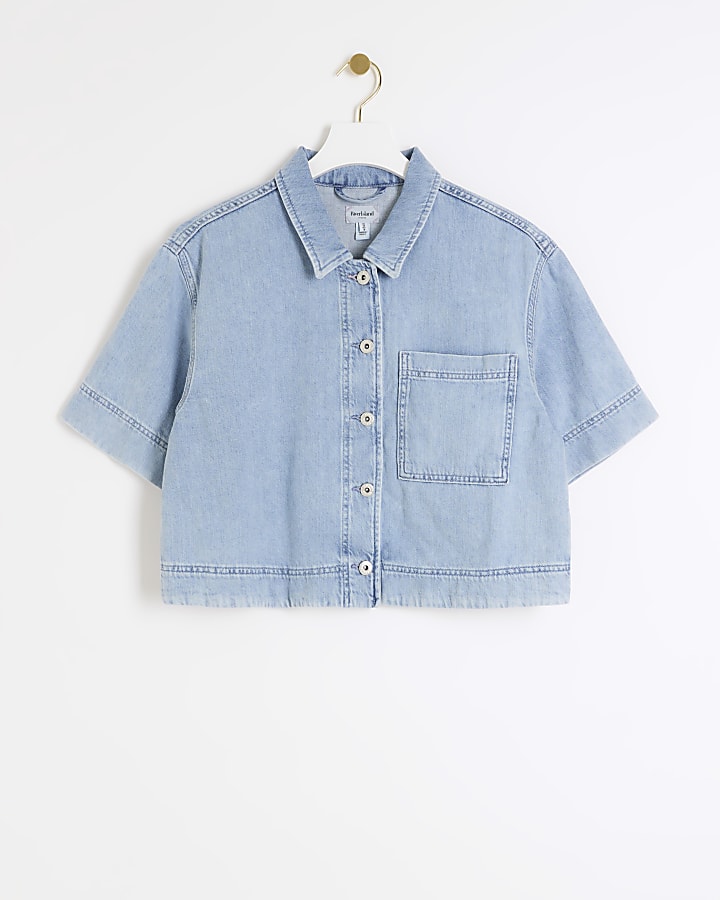 Blue denim cropped short sleeve shirt