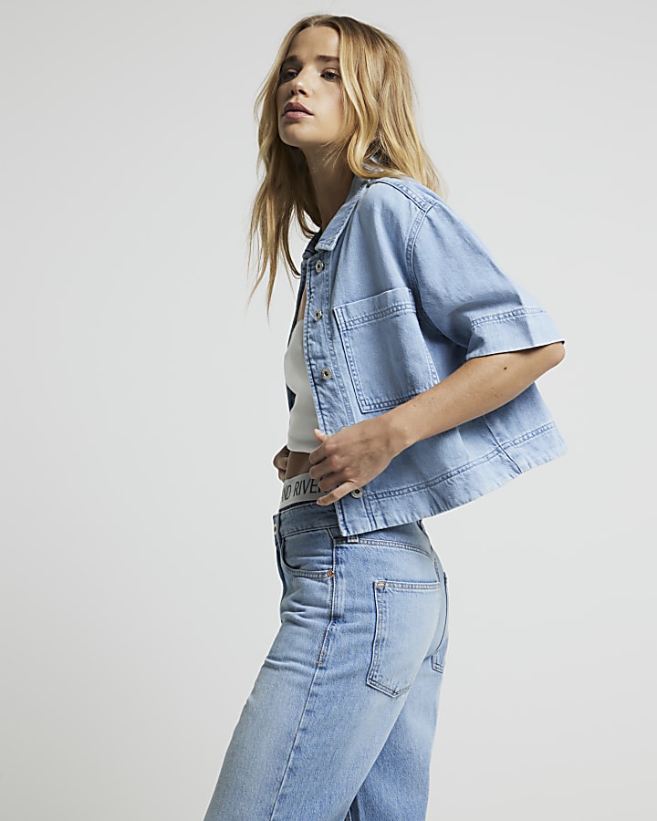 Blue denim cropped short sleeve shirt