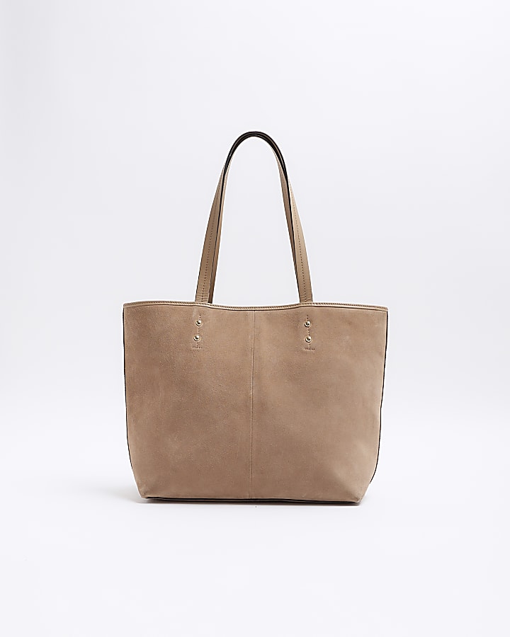 Beige leather studded shopper bag