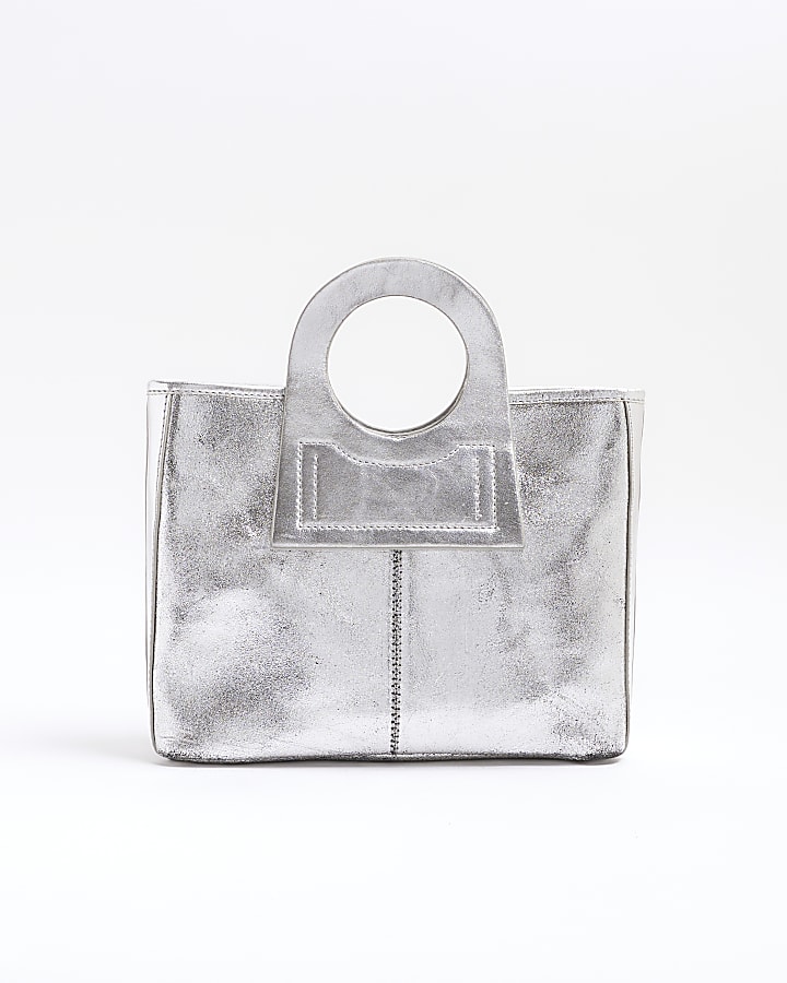 Silver leather weave circle handle tote bag