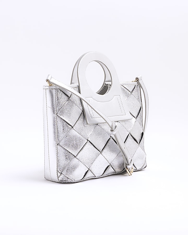 Silver leather weave circle handle tote bag