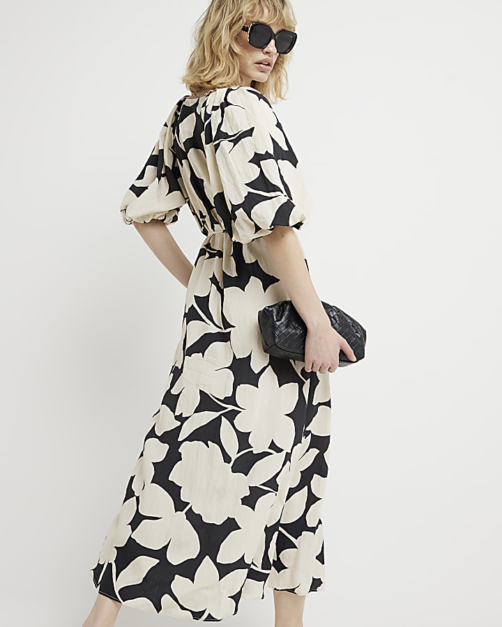 Black floral puff sleeve shift midi dress