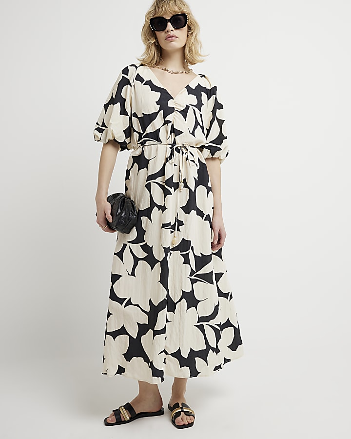 Black floral puff sleeve shift midi dress