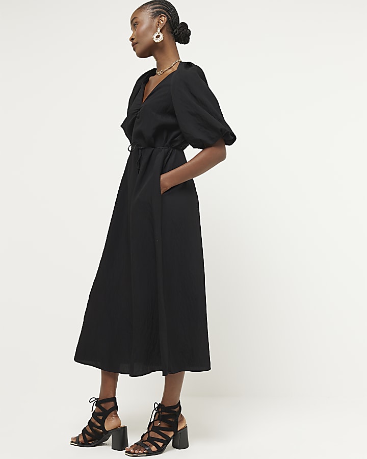 Black belted puff sleeve shift midi dress