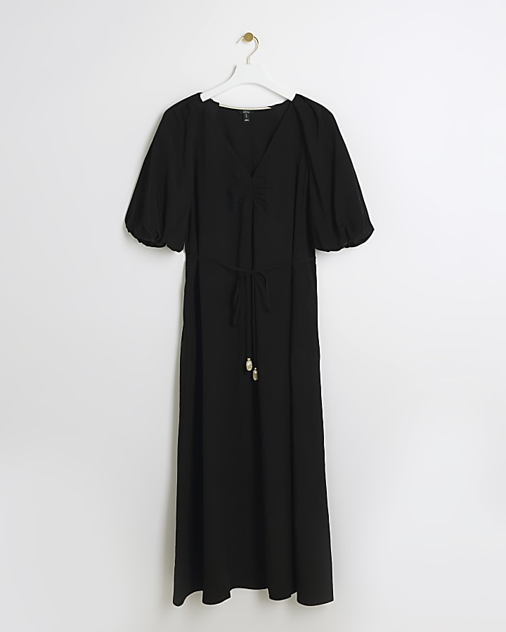 Black belted puff sleeve shift midi dress