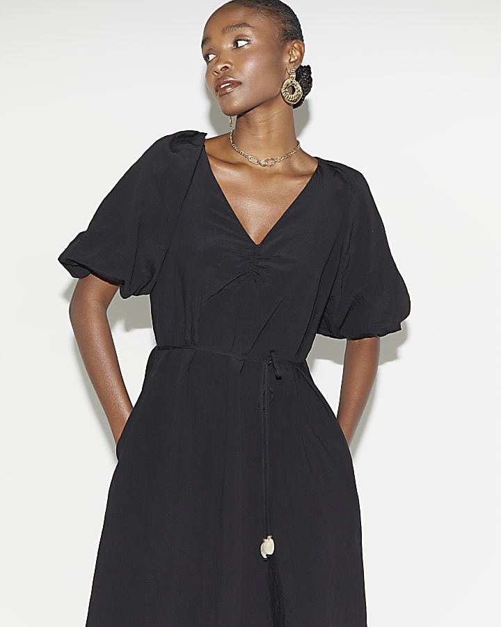 Black belted puff sleeve shift midi dress River Island