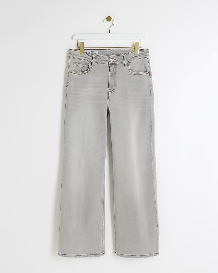 Petite grey mid rise wide leg jeans