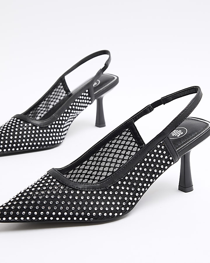 Black diamante mesh sling back heeled shoes