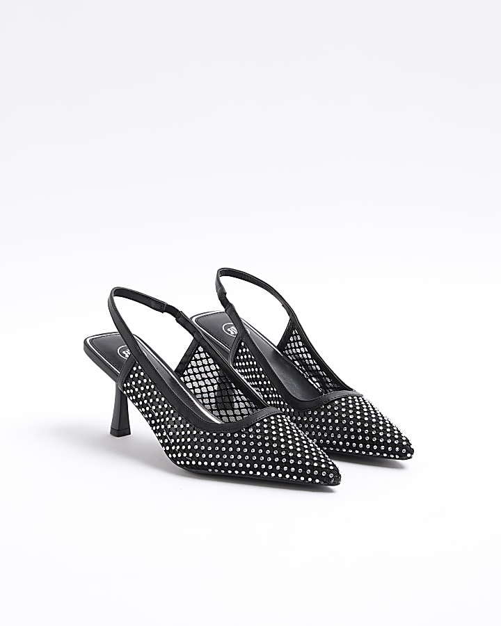 Black diamante mesh sling back heeled shoes