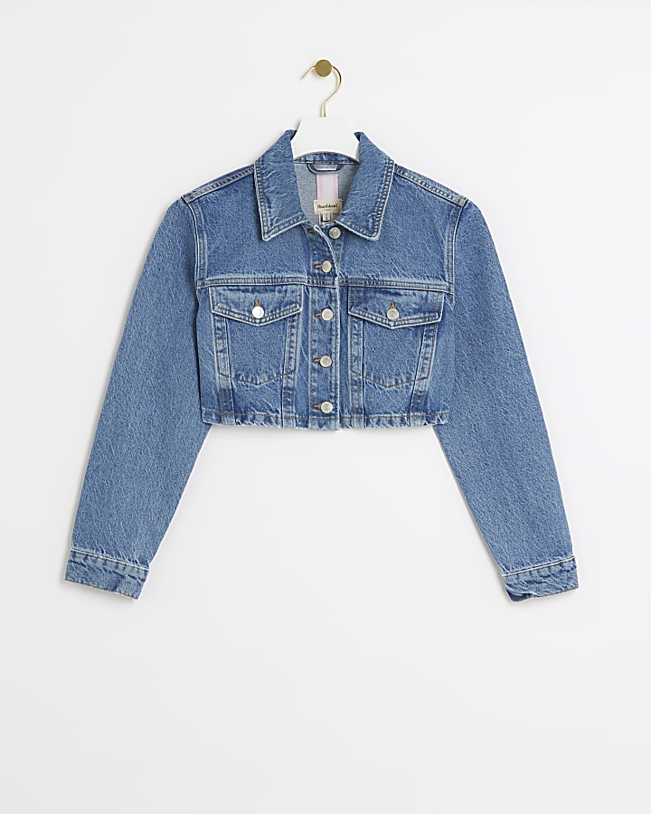 Petite blue button up crop denim jacket