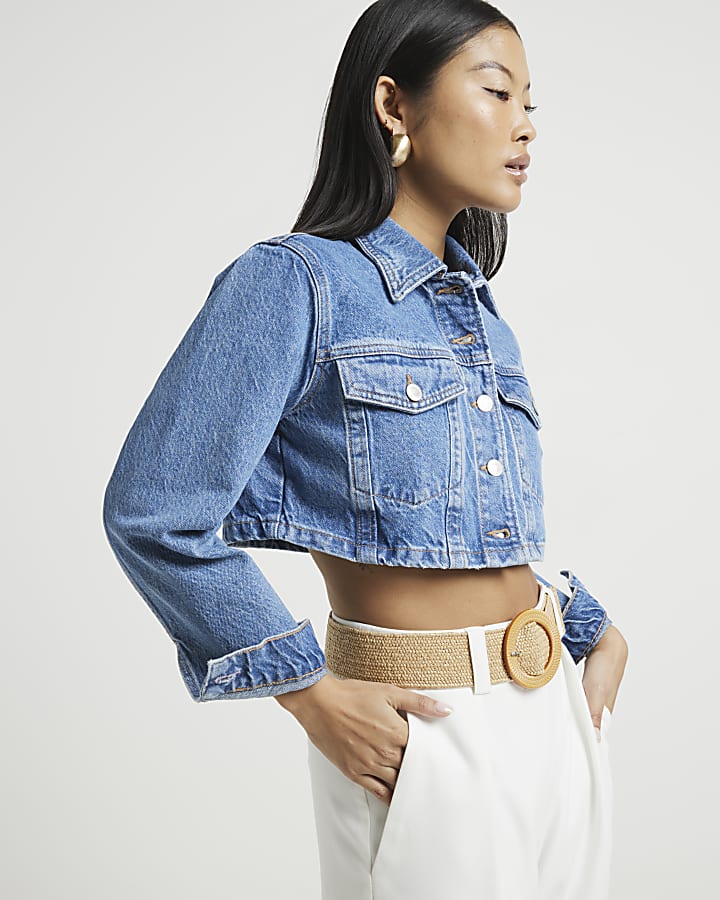 Petite blue button up crop denim jacket