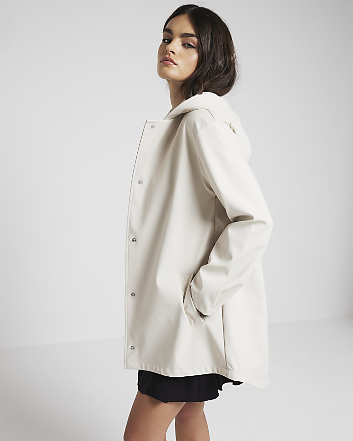 Stone hooded longline rain coat