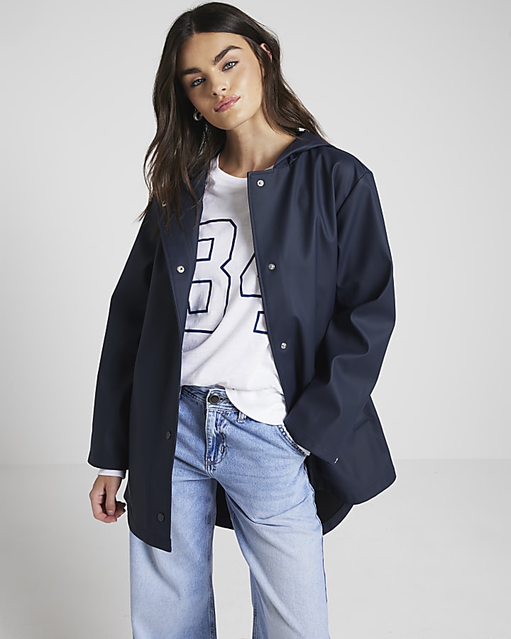 Navy hooded longline rain coat