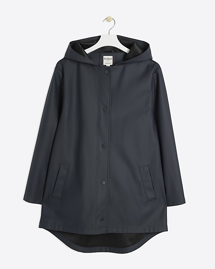 Navy hooded longline rain coat