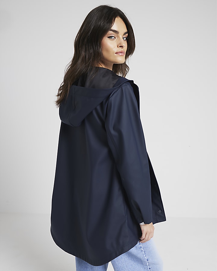 Navy hooded longline rain coat