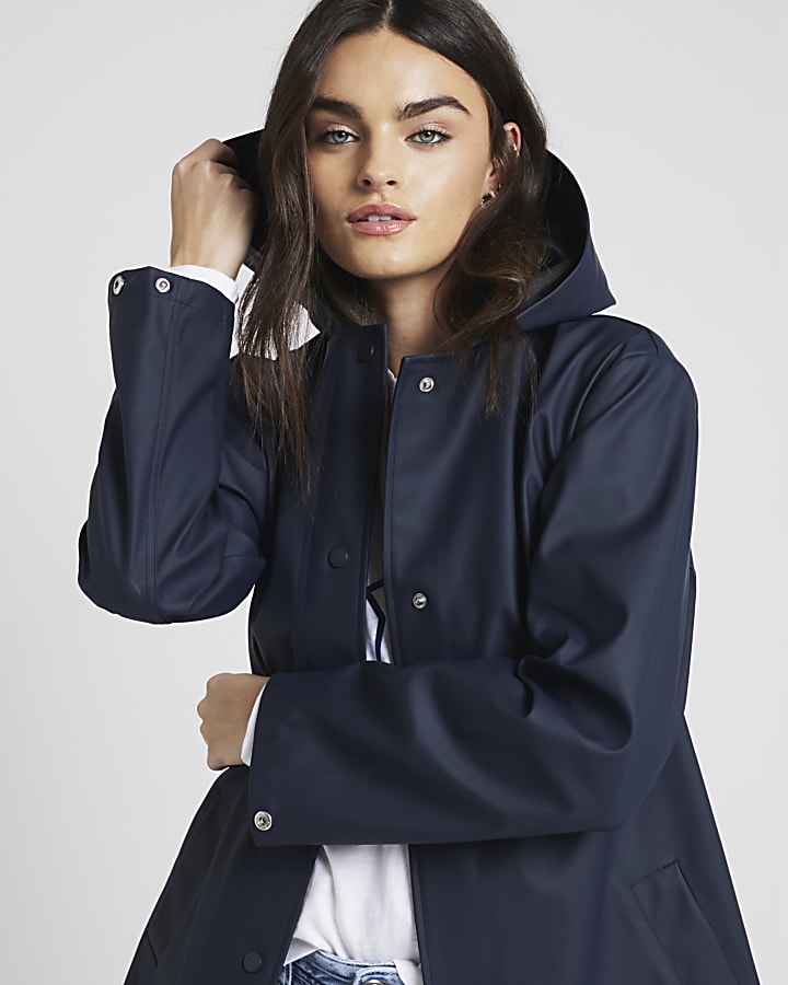 Navy hooded longline rain coat