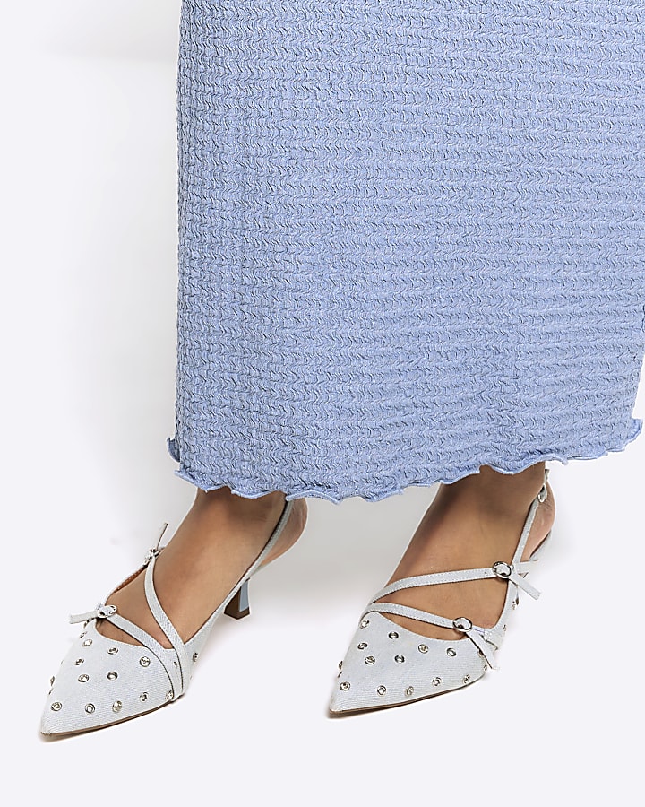 Blue textured midi skirt