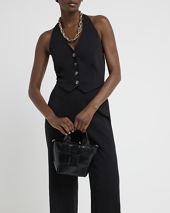 Black halter neck waistcoat jumpsuit