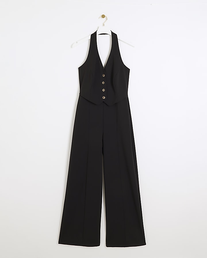 Black halter neck waistcoat jumpsuit