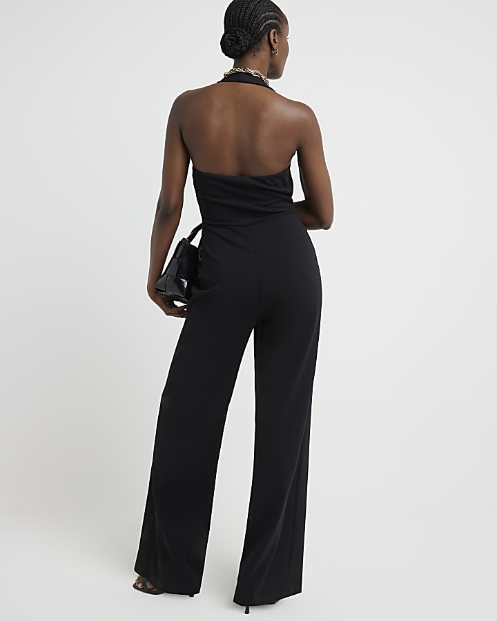 Black halter neck waistcoat jumpsuit