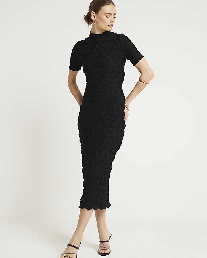 Black textured bodycon midi dress