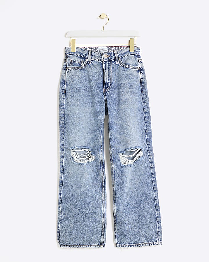 Petite blue ripped relaxed straight jeans