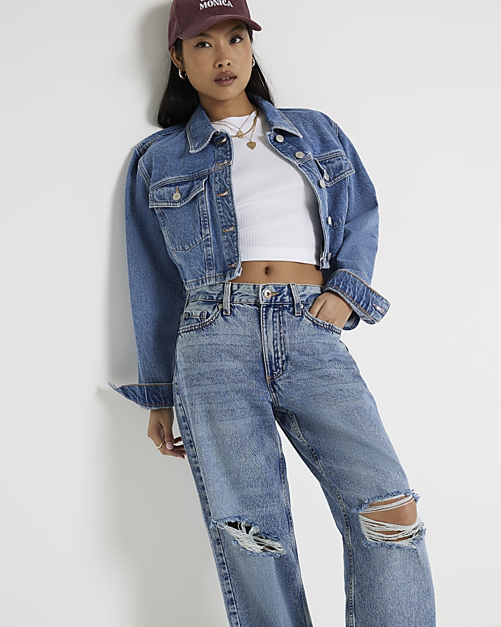 Petite blue ripped relaxed straight jeans