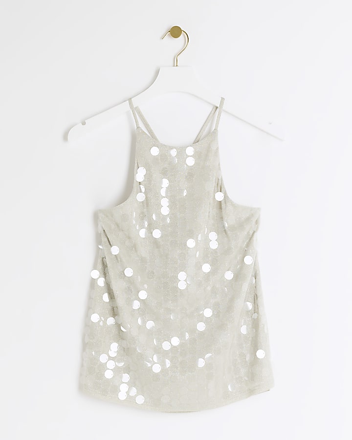 Silver sequin halter neck top