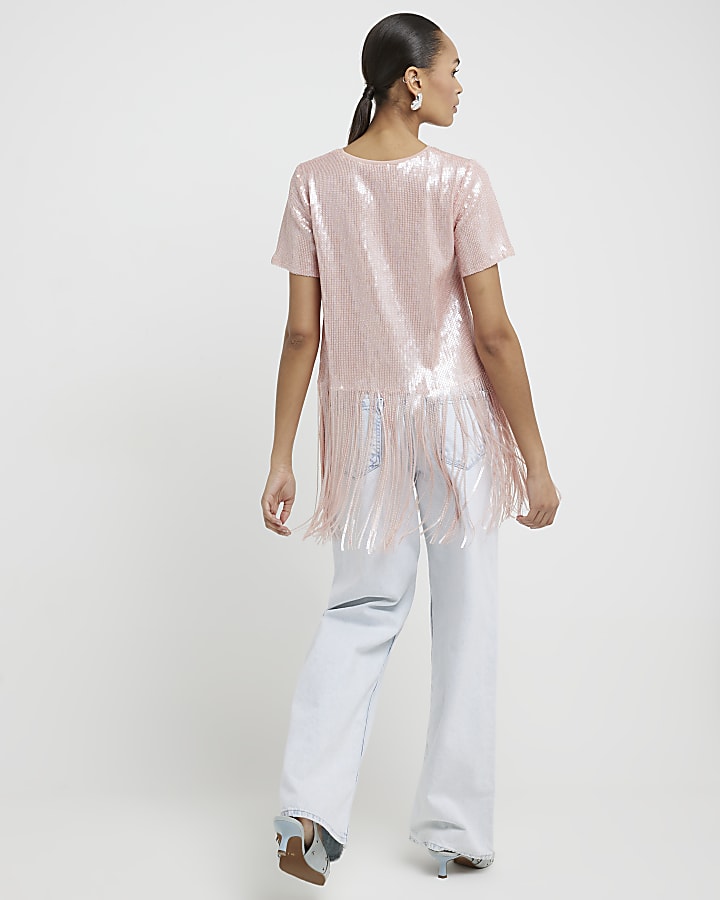 Pink sequin fringe detail t-shirt