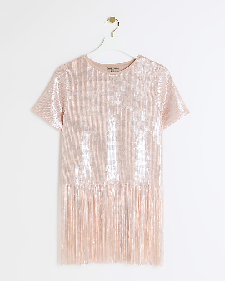 Pink sequin fringe detail t-shirt