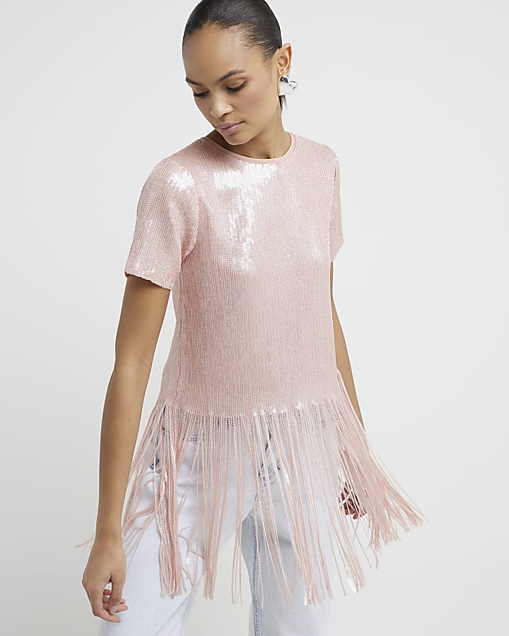 Pink sequin fringe detail t-shirt