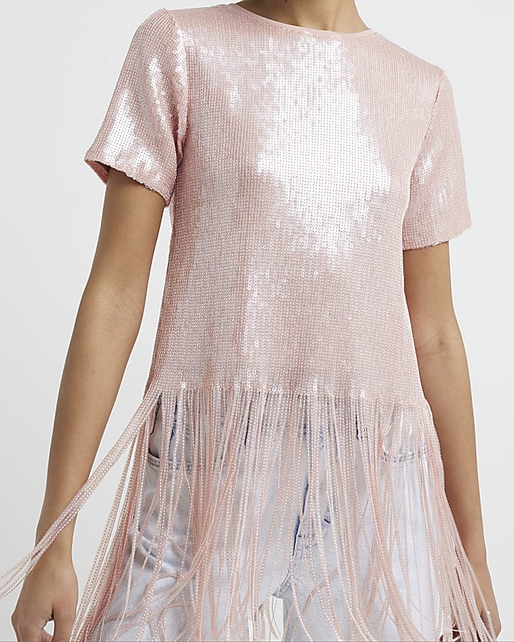 Pink sequin fringe detail t-shirt