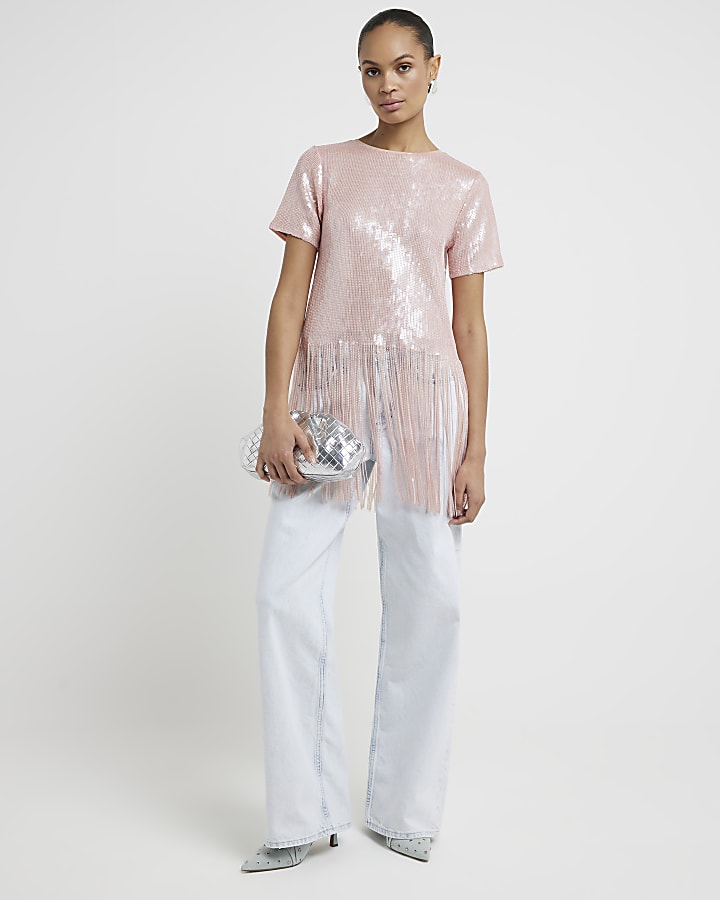 Pink sequin fringe detail t-shirt